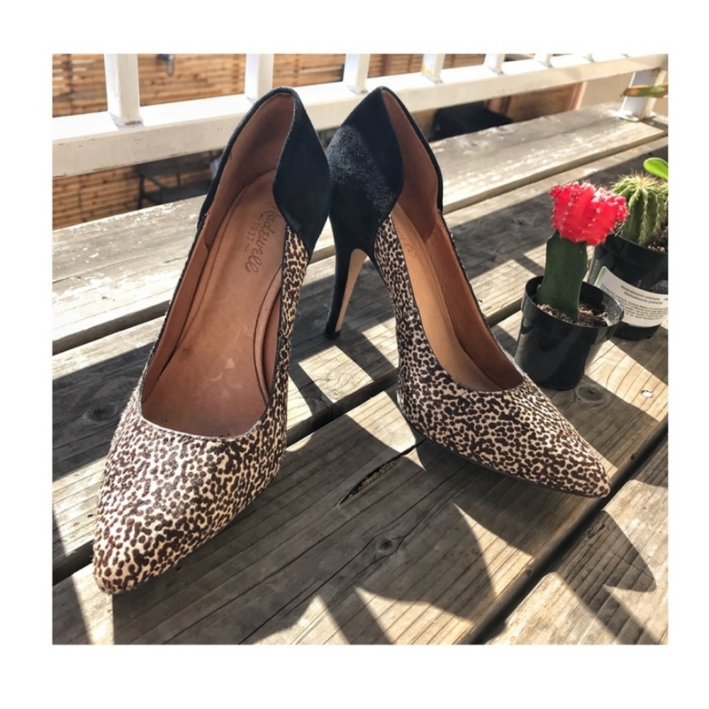 Madewell spotted print and black suede heels